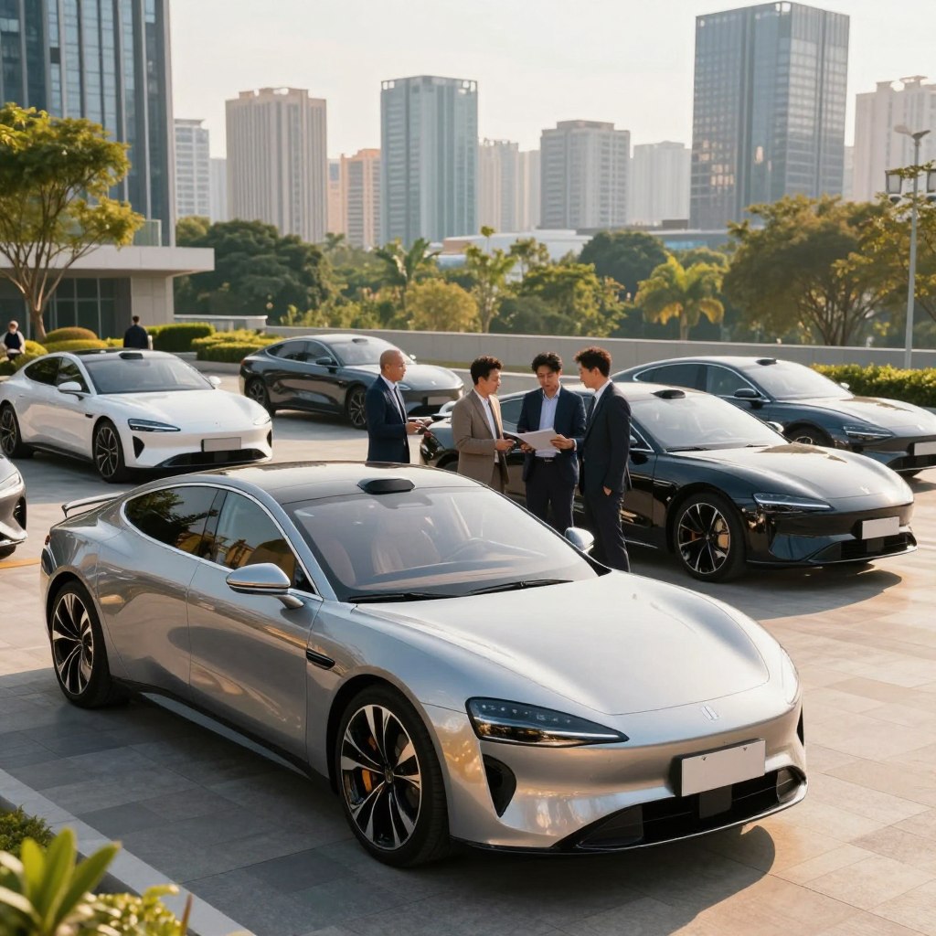 A stunning scene featuring luxury electric cars elegantly parked in a modern urban setting. In the foreground, a sleek, futuristic electric sedan shines under bright, golden hour lighting, showcasing its polished chrome accents and innovative design. In the middle ground, a diverse group of professionals in business attire examine the cars, discussing their features with enthusiasm. The background reveals a vibrant city skyline with greenery, symbolizing sustainability. Capture the atmosphere of sophistication and innovation, using a wide-angle lens to emphasize the luxurious cars while creating a sense of depth. The scene conveys an air of excitement and allure, reflecting the essence of luxury in electric vehicles.