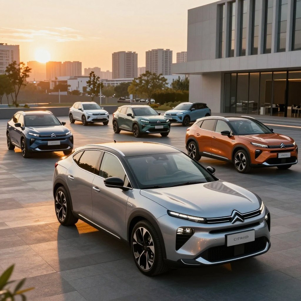 A stunning showcase of the 2026 Citroën model lineup displayed in a modern urban setting. In the foreground, feature a sleek, futuristic Citroën vehicle with a polished metallic finish, highlighting its unique, bold design and innovative features. In the middle ground, include other Citroën models in a harmonious arrangement, showcasing diversity in style and color, from compact cars to SUVs. The background should depict a vibrant cityscape at sunset, with warm, golden lighting illuminating the vehicles and creating a dynamic atmosphere. Use a wide-angle perspective to enhance the depth of field, capturing the sleek lines of the cars and their reflections on the pavement. The overall mood should convey excitement and forward-thinking innovation, perfectly encapsulating the essence of Citroën in 2026.