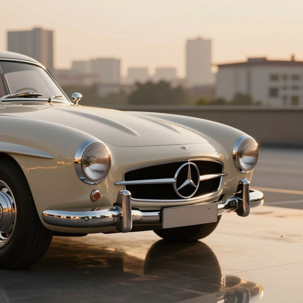 A stunning side profile of a vintage Mercedes-Benz, showcasing its elegant curves and classic lines. The foreground features the contours of the car, emphasizing its shiny chrome details and iconic grille. The middle ground presents a subtle reflection of the vehicle on a polished surface, capturing the essence of luxury. In the background, a blurred cityscape with soft warm lighting creates an atmosphere of nostalgia and sophistication, reminiscent of the golden age of automotive design. The mood is serene and timeless, enhanced by a golden hour glow that highlights the car's polished finish. Use a 50mm lens for a sharp focus on the vehicle, while gently blurring the surroundings to draw attention to the stunning craftsmanship of the Mercedes-Benz.