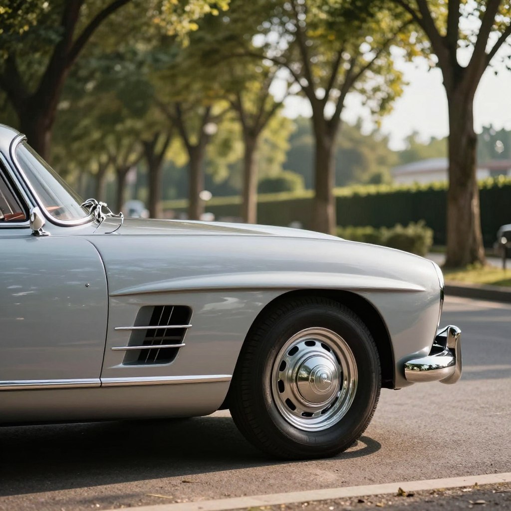 A stunning side profile of a vintage Mercedes, showcasing its elegant curves and classic design. The car is parked against a backdrop of a sunlit, tree-lined avenue, with soft shadows highlighting its glossy finish. In the foreground, the perfectly polished chrome details glisten, while the iconic badge is prominently visible. The midsection captures the intricately designed wheels and sleek contours. In the background, a blurred scenery of lush greenery and soft blue sky creates a serene atmosphere. The lighting is warm and inviting, emphasizing the timeless beauty of the vehicle. The camera angle is slightly lower, lending a majestic perspective to the car, evoking a sense of admiration and passion for classic automobiles.