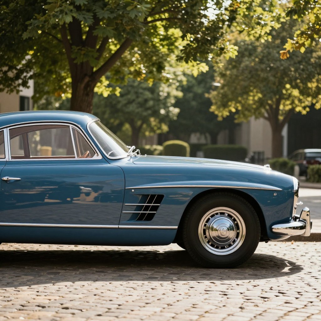 A stunning vintage Mercedes in a captivating side profile, showcasing its elegant curves and classic design. The car is parked on a sun-drenched cobblestone street, with lush green trees lining the background, creating a serene atmosphere. The polished chrome accents glisten in the warm afternoon light, and the deep blue paint reflects subtle hints of the surrounding scenery. The scene is captured from a low angle, emphasizing the car's iconic lines and stylish silhouette. Soft, diffused sunlight filters through the leaves, casting gentle shadows that enhance the car's vintage charm. The overall mood is nostalgic and timeless, inviting viewers to admire the historical significance of this automotive masterpiece. No additional text or elements are present.