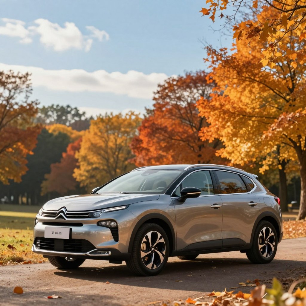 A stylish Citroën car, elegantly showcased in a vibrant autumn setting with colorful fall foliage. In the foreground, the car gleams under soft, warm sunlight, accentuating its sleek lines and modern design. The middle ground features blurred trees with rich oranges and yellows, creating a picturesque seasonal backdrop. In the background, a clear blue sky punctuated by wispy clouds completes the serene atmosphere. The scene is shot with a wide-angle lens to offer a dynamic perspective, highlighting the car's features and the beauty of the landscape. The overall mood is inviting and warm, evoking a sense of seasonal opportunity and discovery, perfect for exploring the best Citroën offers today.
