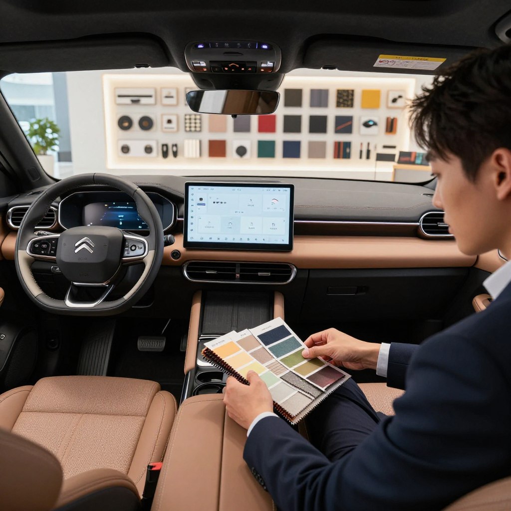 A stylish Citroën car interior featuring various customization options, including unique color palettes, luxurious materials, and advanced technology displays. In the foreground, a well-dressed individual examines fabric swatches and color samples, showcasing a process of personalization. The middle ground highlights the dashboard with a sleek interface, ambient lighting reflecting a modern and sophisticated atmosphere. The background reveals a wall of customizable design elements and accessories, illuminated with soft, diffused lighting. The scene captures a sense of innovation and excitement, inviting viewers to explore the versatile personalization choices available for Citroën models. Use a wide-angle perspective to emphasize the space and design, with a gentle focus on the individual engaged in the customization experience.