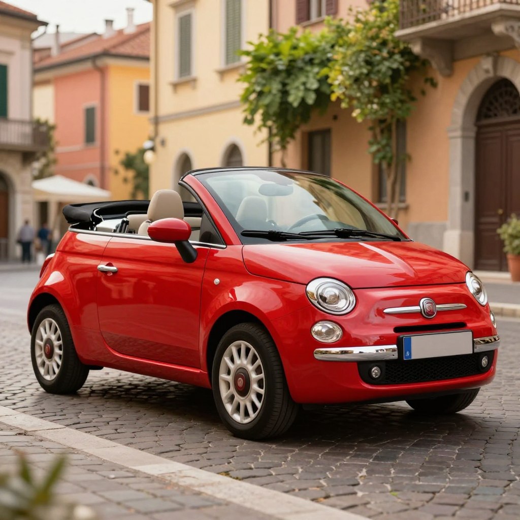 A stylish Fiat 500C cabriolet parked elegantly on a cobblestone street, showcasing its iconic Italian design with a vibrant red exterior and a classic convertible top in the down position. In the foreground, the gleaming chrome accents and smooth curves of the car are highlighted under soft, warm daylight. The background features charming Italian architecture with colorful buildings and lush greenery, creating a vibrant and inviting atmosphere. The scene captures a sense of freedom and modern convenience, with the car positioned at a slight angle for a dynamic perspective. Use a shallow depth of field to emphasize the car while softly blurring the background, evoking a breezy, leisurely mood reminiscent of a sunny afternoon in Italy.