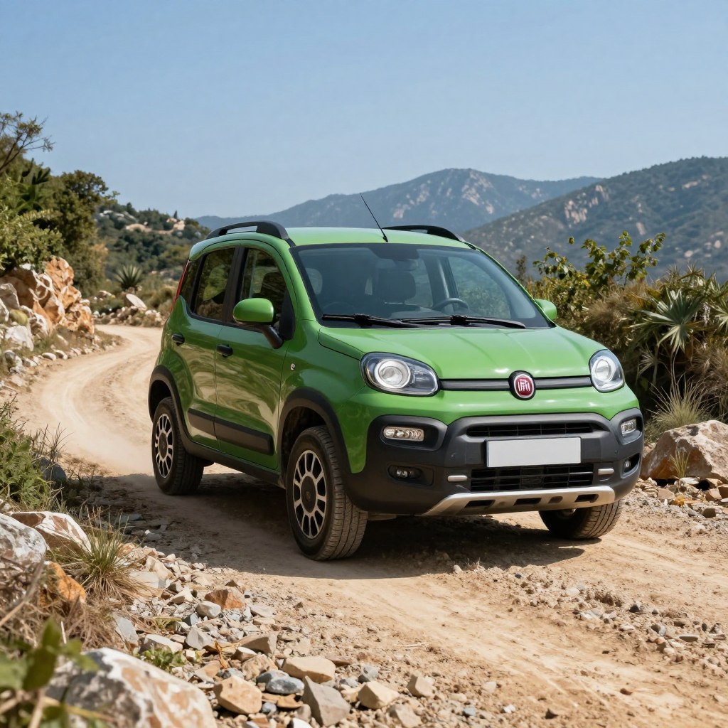 A stylish Fiat Panda tout-terrain parked on a rugged, off-road trail, showcasing its compact yet sturdy design, with bright green bodywork and distinctive rounded headlights. In the foreground, the vehicle stands prominently on uneven terrain, with dirt and gravel forming a natural base. In the middle ground, lush vegetation and small boulders flank the trail, enhancing the adventurous spirit of the scene. The background features a distant mountain range under a clear blue sky, capturing the essence of outdoor exploration. The lighting is bright and sunny, casting dynamic shadows that emphasize the vehicle's contours, photographed at a low angle to highlight the Fiat Panda's robust features and energetic character, creating an inviting and adventurous atmosphere.