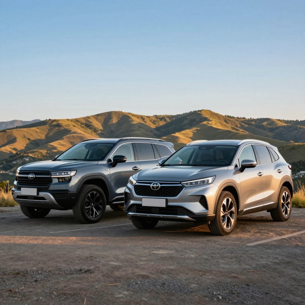 A stylish SUV and a sleek crossover parked side by side on a scenic overlook, with a sunlit landscape in the background highlighting rolling hills and a clear blue sky. The SUV, robust and sporty, features a bold front grille and rugged tires, while the crossover exudes modern elegance with smooth curves and a panoramic sunroof. In the foreground, a slight angle showcases the intricacies of both vehicles, reflecting their respective designs. Soft, warm lighting enhances the colors of the vehicles and surroundings, creating an inviting atmosphere. The scene conveys a sense of adventure and versatility, ideal for car enthusiasts exploring these popular vehicle categories.