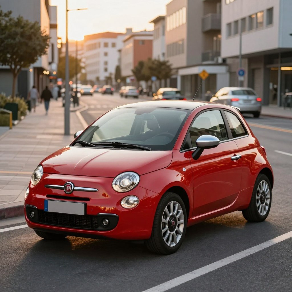 A stylish and compact Fiat 500 is parked prominently in the foreground, showcasing its sleek lines and iconic design against a softly lit urban backdrop. The vibrant color of the car reflects its Italian heritage, with polished chrome accents glistening under golden hour lighting. In the middle ground, a modern cityscape features safe pedestrian walking paths and well-designed parking spaces, hinting at urban convenience and safety. The background comprises softly blurred city buildings, enhancing the feeling of a fast-paced, safety-conscious environment. The overall mood is warm and inviting, emphasizing the car's role as a symbol of personal safety and modern living. Use a wide-angle lens to capture the car's details, with soft focus on the background to highlight the Fiat 500 as the central subject.
