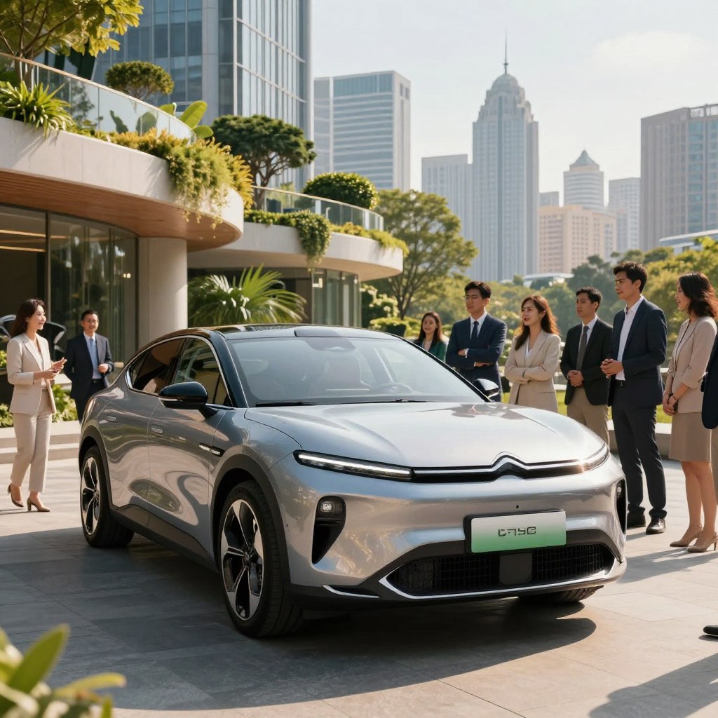 A stylish and futuristic electric Citroën vehicle showcased prominently in the foreground, featuring sleek lines and innovative design elements that hint at 2026 technology. The car is parked in a modern urban setting, with eco-friendly architecture and greenery in the middle ground, emphasizing sustainability. In the background, a vibrant city skyline under bright daylight conveys a sense of progress. The scene is bathed in warm and inviting sunlight, creating a positive and optimistic atmosphere. Capture the perspective from a low angle to enhance the car's majesty while including a diverse group of people in professional attire, engaging enthusiastically with the vehicle, suggesting their excitement and approval. Focus on clarity and detail to highlight the vehicle's features and the lively environment.