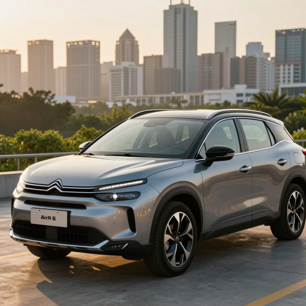 A stylish and modern Citroën C5 Aircross 2026 parked in an upscale urban environment, showcasing its sleek and bold design. The foreground features the car with glistening metallic paint, focusing on the intricacies of its streamlined body and innovative features such as LED headlights and a spacious interior view through the windows. In the middle ground, soft greenery hints at a flourishing landscape reflecting sustainability. The background depicts a stylish city skyline during golden hour, casting warm, inviting light on the scene. Incorporate soft shadows and a dynamic angle that highlights the car's profile, evoking a sense of luxury and sophistication. The mood is aspirational and contemporary, perfect for illustrating the vehicle's appeal in the modern market. A stylish and modern Citroën C5 Aircross 2026 parked in an upscale urban environment, showcasing its sleek and bold design. The foreground features the car with glistening metallic paint, focusing on the intricacies of its streamlined body and innovative features such as LED headlights and a spacious interior view through the windows. In the middle ground, soft greenery hints at a flourishing landscape reflecting sustainability. The background depicts a stylish city skyline during golden hour, casting warm, inviting light on the scene. Incorporate soft shadows and a dynamic angle that highlights the car's profile, evoking a sense of luxury and sophistication. The mood is aspirational and contemporary, perfect for illustrating the vehicle's appeal in the modern market.