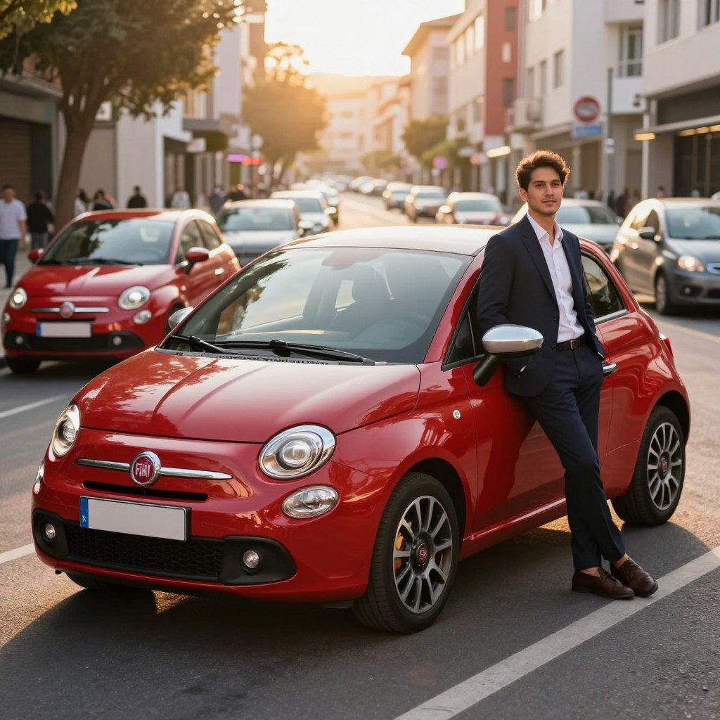 A stylish and modern Fiat car showcased in a vibrant city street setting during the golden hour, highlighting its sleek lines and distinctive design. In the foreground, a well-dressed driver, in business attire, is leaning casually against the vehicle, exuding confidence. In the middle ground, other Fiat cars can be seen parked or driving along the street, emphasizing the brand's popularity. The background features a lively urban atmosphere with warm sunlight streaming through the buildings, casting soft shadows. The scene captures a feeling of excitement and positivity, reflecting the satisfaction of Fiat drivers. The angle should be slightly low to dramatize the car's presence, with a focus on the vibrant colors and reflections on the car's finish.