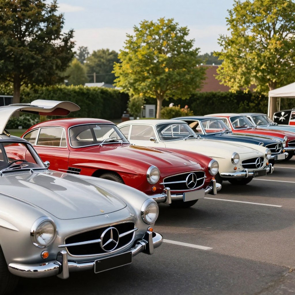 A stylish display of classic Mercedes vehicles for sale, showcasing an iconic 1960s Mercedes-Benz 220SE in a stunning shade of deep red, with polished chrome accents glistening in warm sunlight. In the foreground, a well-preserved silver Mercedes-Benz 300SL with its distinctive gullwing doors slightly ajar, inviting the viewer in. The middle ground features a diverse lineup of classic models, including the elegant Mercedes-Benz 190SL and a vintage white Mercedes 600, all parked in a neat row. The background is an idyllic car dealership, surrounded by vibrant green trees and a clear blue sky, suggesting a pleasant daytime atmosphere. Use soft, natural lighting to create a nostalgic yet inviting mood, with a slight focus on the vehicles to emphasize their timeless elegance and craftsmanship.