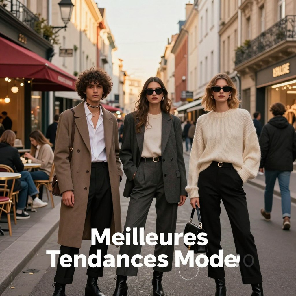 A stylish fashion scene set in an urban environment, showcasing the latest trends in clothing. In the foreground, a diverse group of three models, one male and two female, dressed in chic, modern outfits reflecting the best of contemporary fashion, such as tailored coats, oversized sweaters, and statement accessories. They are posed confidently, exuding a sense of style and charisma. In the middle ground, a vibrant street filled with fashionable boutiques and cafes, with stylish people walking by. The background features an artistic cityscape under soft, golden hour lighting, creating a warm and inviting ambiance. The angle is slightly low, giving a dynamic perspective that emphasizes the fashion-forward atmosphere. The overall mood is energetic and inspiring, perfect for illustrating the essence of 'Meilleures Tendances Mode'.