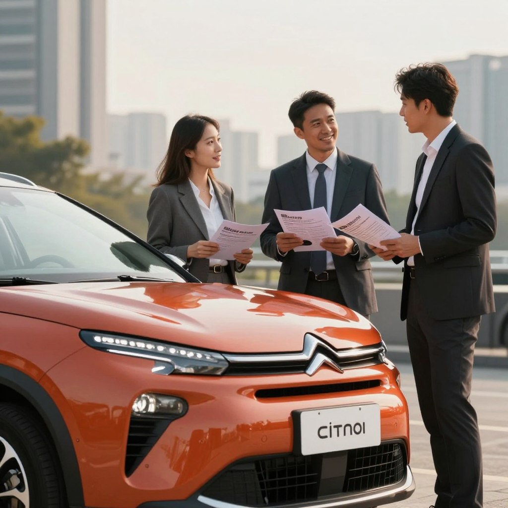 A stylish, modern Citroën vehicle featured prominently in the foreground, showcasing its sleek lines and innovative design. The car's vibrant color contrasts against a softly blurred cityscape in the background, hinting at an urban lifestyle. In the middle ground, a diverse group of three professionals dressed in smart business attire enthusiastically discuss various Citroën offers, holding brochures that illustrate promotions. Soft, natural lighting casts a warm glow on the scene, emphasizing a hopeful and inviting atmosphere. The composition is captured from a slight upward angle, providing a sense of aspiration and opportunity. The focus is on the car and the engaged professionals, creating a visually appealing and informative image suitable for an article about the best Citroën offers.