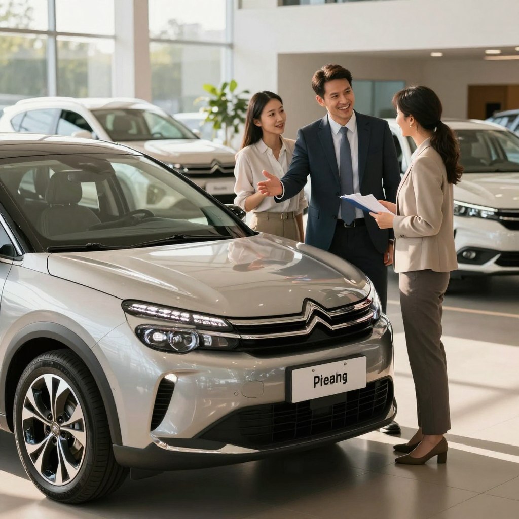 A stylish, modern used Citroën car showcased prominently in the foreground, with a gleaming finish and detailed features highlighting its design. In the middle ground, a friendly finance advisor in professional attire gestures towards the car, discussing financing options with a couple who appears interested. The background features an inviting, well-lit car dealership filled with various used Citroën models, creating a welcoming atmosphere. The sunlight filters through large windows, casting soft shadows on the polished floor, enhancing the image's warmth. The mood is optimistic and professional, inviting potential buyers to explore financing possibilities for their dream car.