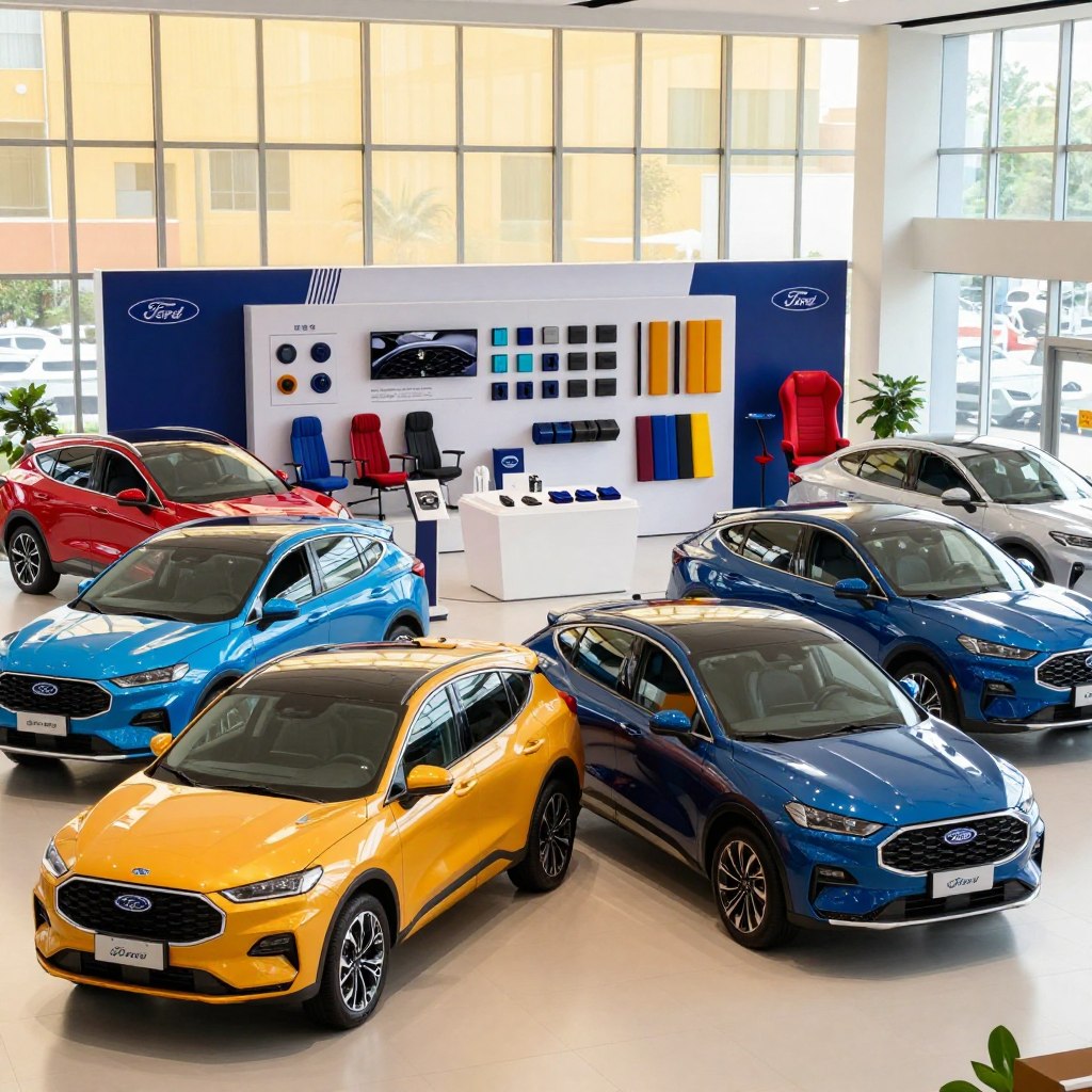 A stylish showroom featuring various customizable 2026 Ford vehicles in the foreground, showcasing vibrant colors and dynamic designs. Each model is equipped with unique features, such as sporty grills, innovative wheel designs, and different paint finishes. The middle ground includes a backdrop of sleek car accessories and customization options displayed on elegant stands, such as unique decals and premium upholstery samples. In the background, large windows filter in warm, natural light, reflecting a bright and inviting atmosphere. The setting should convey a sense of innovation and excitement, with a focus on personalization. Use a wide-angle lens perspective to emphasize the diversity of Ford's offerings, ensuring clarity and detail in the vehicles and accessories.