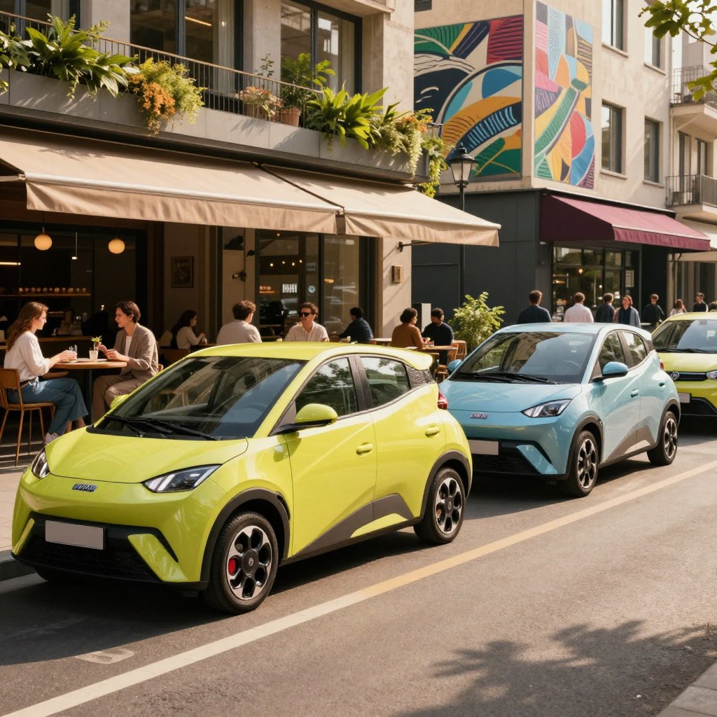 A stylish urban scene featuring modern electric Fiat city cars, parked on a vibrant city street. In the foreground, showcase two sleek Fiat electric models with smooth contours and bright, eye-catching colors. The middle ground includes a bustling café terrace with people dressed in smart casual attire enjoying their drinks, indicative of a lively atmosphere. In the background, feature contemporary buildings with greenery and urban art, reflecting a forward-thinking city vibe. The lighting is warm and inviting, capturing a sunny day, with slight shadows providing depth. The camera angle is slightly low, emphasizing the cars and creating a dynamic perspective. The mood conveys innovation and eco-friendliness, resonating with the trend towards sustainable city living. A stylish urban scene featuring modern electric Fiat city cars, parked on a vibrant city street. In the foreground, showcase two sleek Fiat electric models with smooth contours and bright, eye-catching colors. The middle ground includes a bustling café terrace with people dressed in smart casual attire enjoying their drinks, indicative of a lively atmosphere. In the background, feature contemporary buildings with greenery and urban art, reflecting a forward-thinking city vibe. The lighting is warm and inviting, capturing a sunny day, with slight shadows providing depth. The camera angle is slightly low, emphasizing the cars and creating a dynamic perspective. The mood conveys innovation and eco-friendliness, resonating with the trend towards sustainable city living.