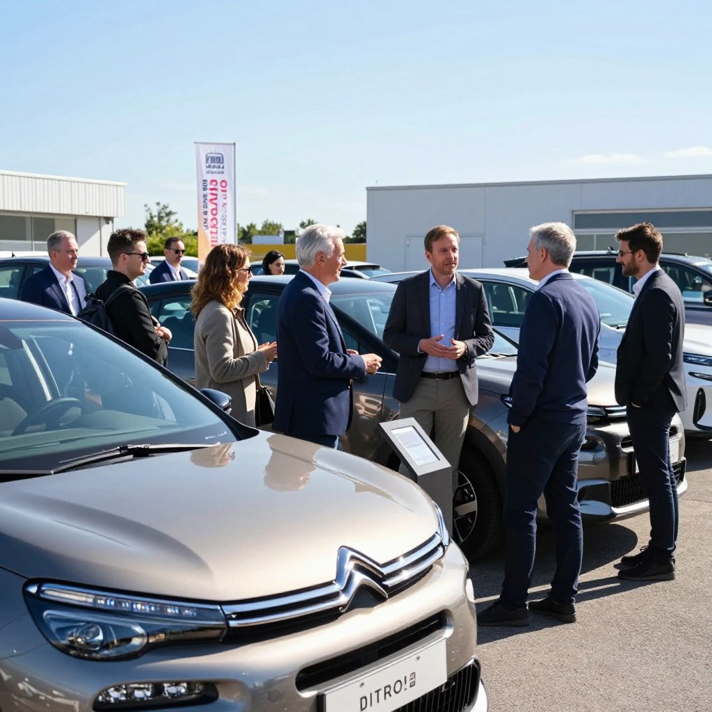 A sunny day at a bustling car dealership in France, showcasing a variety of well-maintained used Citroën cars. In the foreground, a sleek, modern Citroën model is prominently displayed, gleaming under natural light, highlighting its elegant curves and distinctive logo. In the middle, a diverse group of potential buyers, dressed in smart casual attire, are engaging with a knowledgeable sales representative, who is enthusiastically discussing the features of a Citroën vehicle. The background features other models of Citroën, with banners showcasing special offers, framed by a bright blue sky. The overall atmosphere is inviting and optimistic, capturing the essence of a successful car-buying experience. The angle is slightly elevated, providing a comprehensive view of the scene, enhancing the sense of activity and engagement.