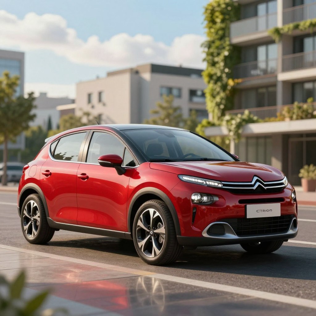 A used Citroën car, parked elegantly in an urban setting, showcasing its sleek design with a vibrant red finish and modern headlights. In the foreground, highlight the car's shiny alloy wheels and distinctive Citroën emblem, with a slight reflection on the pavement. The middle ground features a softly blurred cityscape, highlighting energy-efficient buildings with greenery, symbolizing eco-friendliness. The background includes a bright blue sky with fluffy clouds, suggesting a sunny day. Use warm, natural lighting to enhance the vehicle's features and create an inviting atmosphere. The angle captures the car at a dynamic perspective, emphasizing both its aesthetic appeal and energy-efficient attributes, while maintaining a calm, professional mood.