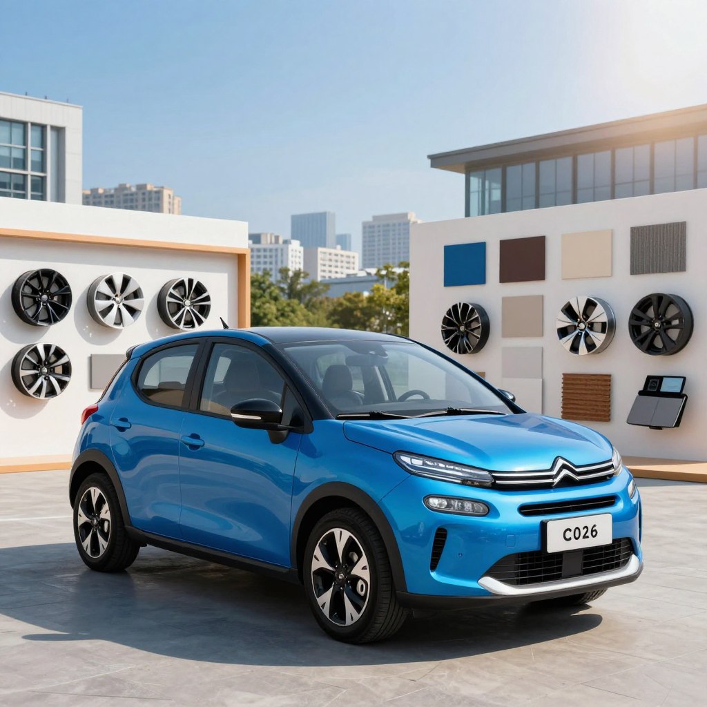 A vibrant Citroën C2 2026, showcasing innovative personalization options, is parked gracefully in an urban environment. In the foreground, the vehicle features a sleek, electric blue finish with stylish custom decals and alloy wheels. The middle ground reveals an open space with an array of customizable accessories displayed, such as different wheel designs, color swatches, and interior materials, inviting viewers to envision their own unique combinations. In the background, a modern cityscape under a clear blue sky adds depth, emphasizing the car's contemporary design. Soft, natural lighting highlights the smooth contours of the vehicle, with a slight lens flare enhancing the image's dynamic feel. The overall mood is one of excitement and innovation, perfect for showcasing personalization in electric vehicles.