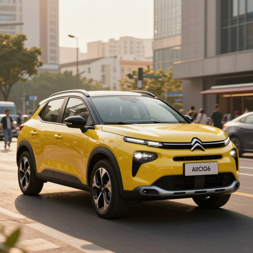 A vibrant Citroën C3 Aircross 2026 parked in an urban setting, showcasing its modern design and competitive features. In the foreground, the sleek lines of the SUV are highlighted, with a close-up on its distinctive front grille and stylish headlights. The middle ground includes a bustling city environment with subtle motion, representing market activity, while the background features dynamic city architecture under soft, golden hour lighting, creating an inviting atmosphere. The angle is slightly low, emphasizing the vehicle's robust stance and contemporary styling. The mood is energetic and optimistic, reflecting the Citroën's competitive edge in the SUV market, aimed at attracting a youthful audience.