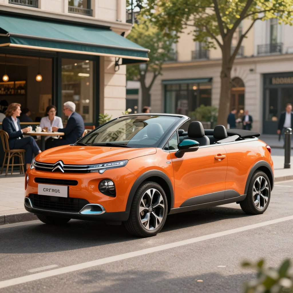 A vibrant Citroën C3 Pluriel cabriolet parked on a sunlit urban street, showcasing its unique convertible design with the roof partially retracted. In the foreground, highlight the sleek, modern lines of the vehicle's body, featuring a glossy finish in a bright color such as orange or teal. The middle ground includes a stylish sidewalk café with people dressed in professional business attire enjoying their time, enhancing the sense of community and comfort. The background should feature softly blurred city buildings with green trees adding to the pleasant atmosphere. Use soft, warm lighting to convey a welcoming mood, captured from a low angle to emphasize the car's stylish profile. The scene should exude a feeling of versatility and trendiness, reflecting the spacious interior and comfort of the Citroën C3 Pluriel.