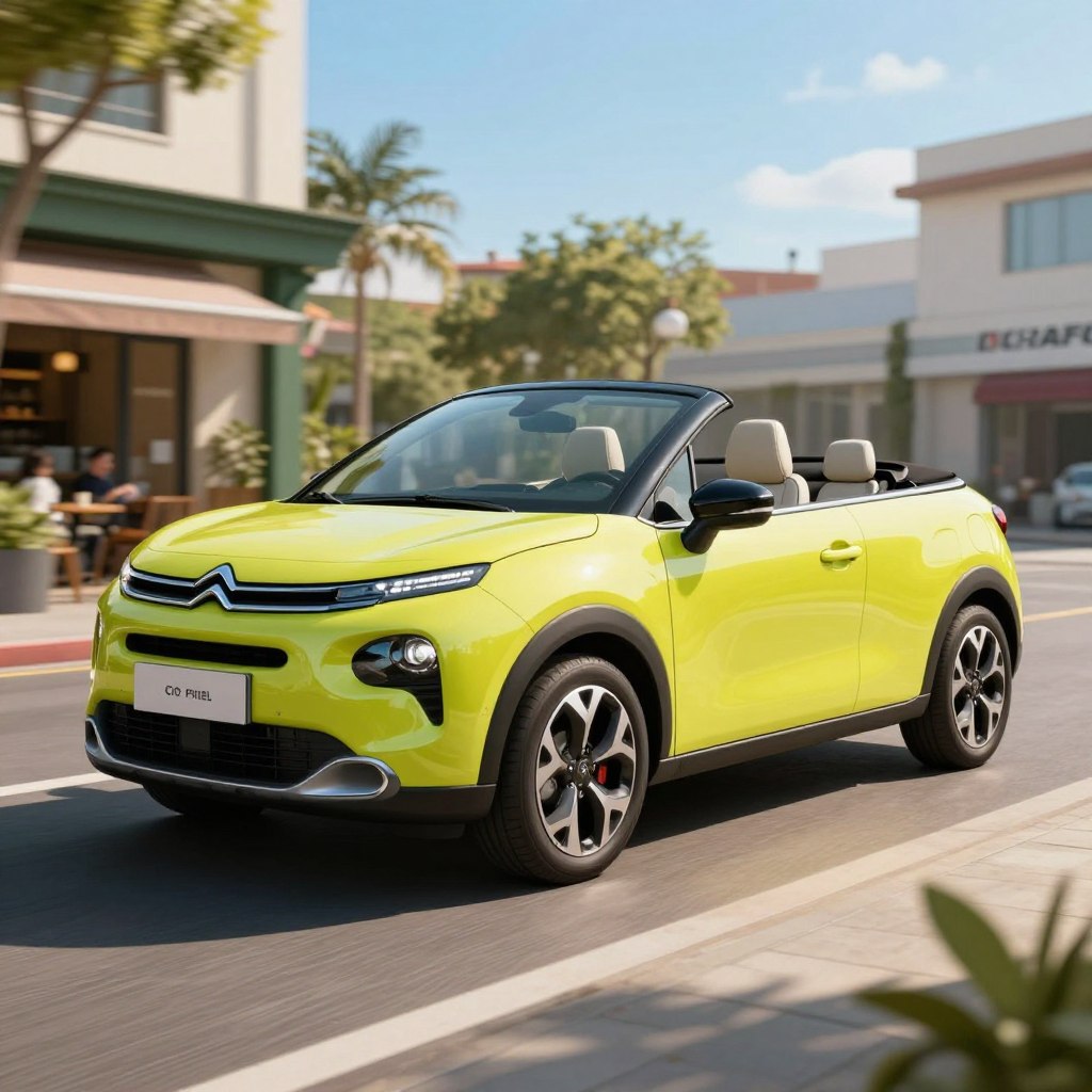 A vibrant Citroën C3 Pluriel with its unique convertible design, parked on a dynamic city street, with a clear blue sky above. The vehicle is showcased from a slightly elevated angle, emphasizing its sleek contours and modern styling. In the foreground, focus on the glossy bodywork in a bright color, highlighting its distinctive features like the rounded headlights and stylish wheels. In the middle ground, include details of the car's open top, revealing a cozy interior with stylish seats and a high-tech dashboard. The background features a bustling urban environment, with trendy cafes and greenery, creating a lively atmosphere. Soft sunlight bathes the scene, casting gentle shadows that enhance the car's appearance. The overall mood is fresh, dynamic, and youthful, capturing the essence of the versatile Citroën C3 Pluriel.