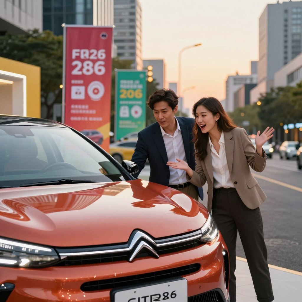 A vibrant Citroën F 2026 promotion scene in a modern urban setting. In the foreground, a well-dressed couple excitedly examines a sleek Citroën F 2026 vehicle, showcasing its innovative design with dynamic curves and striking color. In the middle ground, eye-catching promotional banners feature various enticing offers and discounts, creatively integrated into the cityscape. The background reveals a busy street with modern architecture, glowing under soft, warm sunset lighting that creates a hopeful, inviting atmosphere. The composition focuses on the couple's engaged expressions, reflecting enthusiasm for the promotions. Use a slightly angled perspective to enhance depth, capturing both the vehicle and the exciting environment effectively, all without any text or overlays.