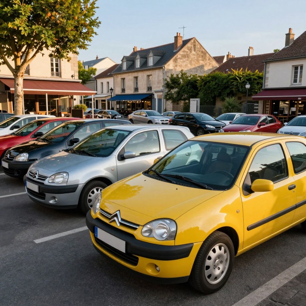A vibrant and detailed scene showcasing a variety of used Citroën cars, including models like the Citroën C3, C4, and C5, parked in a picturesque French street. In the foreground, focus on a well-maintained Citroën C3 in a striking color, illuminated by soft afternoon sunlight creating a warm atmosphere. In the middle ground, incorporate other models at an angle that highlights their unique designs, showcasing their distinct contours and features. The background should feature charming French architecture with cafes and trees, emphasizing a lively but relaxed urban vibe. Utilize a slightly wide-angle lens perspective to capture the depth of the scene, ensuring a clear blue sky above evokes a pleasant day. The overall mood should be inviting, celebrating the allure of used Citroën cars in their native country.