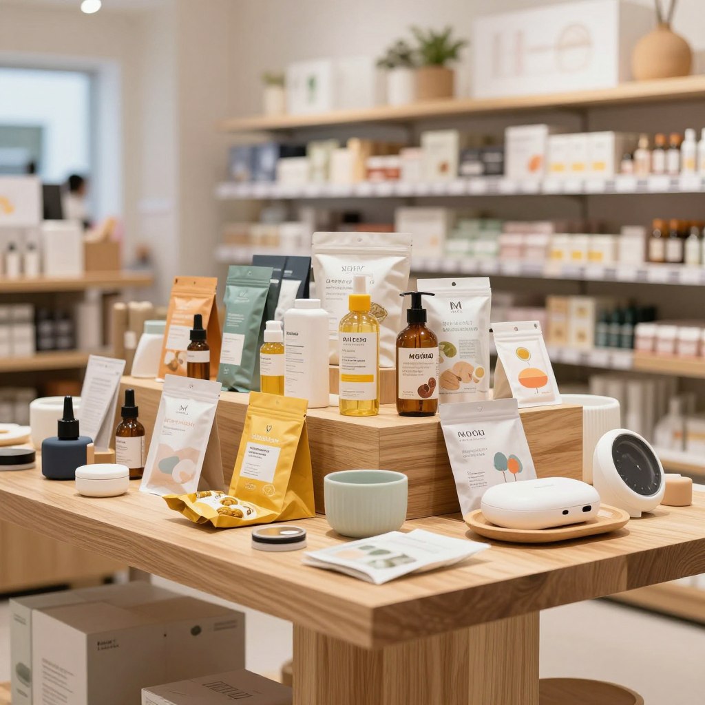 A vibrant and diverse array of products displayed on a sleek, modern wooden table. In the foreground, highlight a variety of consumer goods such as elegantly packaged skincare items, artisanal food products, eco-friendly gadgets, and stylish home decor pieces, all impeccably arranged. In the middle ground, create a soft focus backdrop featuring blurred shelves filled with additional products to suggest abundance and variety. The background should be light and airy, hinting at a well-lit store environment with natural light streaming in, casting soft shadows. The mood should be inviting and inspiring, encouraging the viewer to explore choices. Use a wide-angle lens to capture the full breadth of the products while maintaining a warm and welcoming atmosphere. No people are present.