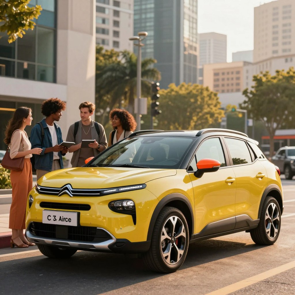 A vibrant and dynamic image showcasing the Citroën C3 Aircross 2026 in a stylish urban setting. In the foreground, highlight the SUV with its distinctive, customizable features such as a unique color scheme and personalized accessories, focusing on the playful design elements like bold side mirrors and a sleek grille. In the middle ground, depict a diverse group of individuals discussing their customization options, dressed in smart casual attire to reflect a modern lifestyle. The background should feature a lively cityscape, bathed in warm golden hour lighting, enhancing the vehicle's appeal. Capture the scene from a slightly low angle to emphasize the SUV's stature and modern design, evoking a sense of excitement and adventure. Ensure the overall mood is vibrant and inviting, perfect for emphasizing personalization options.