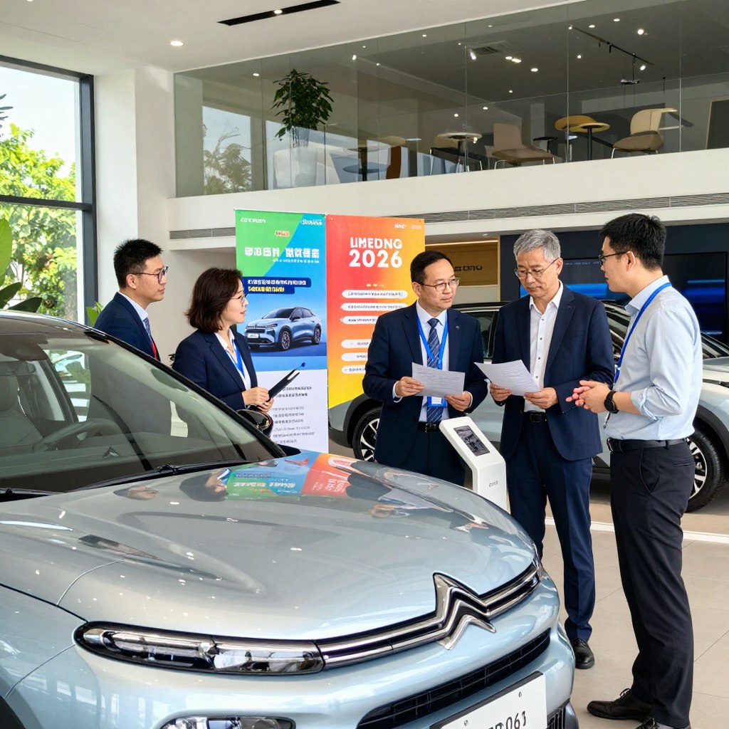 A vibrant and dynamic promotional scene showcasing Citroën's special offers for 2026. In the foreground, a sleek Citroën vehicle gleams under bright, natural lighting, showcasing its modern design and innovative features. Professional business individuals, dressed in smart attire, are gathered around the car, examining promotional materials and discussing offers. In the middle, an elegant display of colorful banners and digital screens highlights the exclusive deals and advantages of limited-time offers. The background features a contemporary, stylish dealership with Citroën branding and a welcoming atmosphere. Capture the excitement and professionalism of the automotive sales environment. Use a slightly wide-angle lens to encompass both the vehicle and the engaged customers, creating an inviting and optimistic mood that emphasizes opportunity and value.