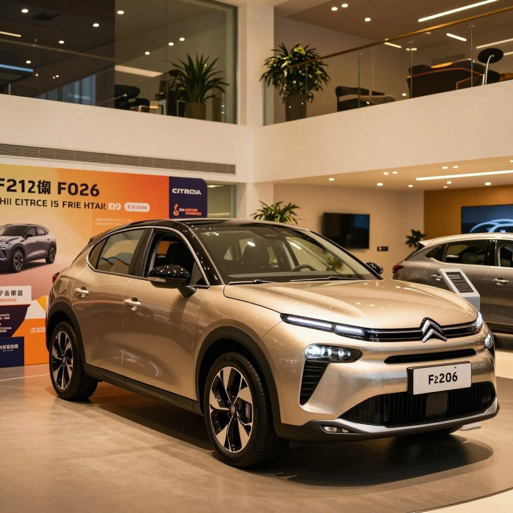 A vibrant and dynamic scene showcasing a Citroën F 2026 in an alluring showroom environment, emphasizing promotional offers. In the foreground, the sleek, modern car is illuminated by soft, warm lighting that highlights its curves and innovative design. The middle ground features tasteful displays of promotional banners and graphics that highlight special deals, enhancing the sense of excitement. In the background, a stylish showroom with clean lines and glass features complements the car, adorned with elegant plants and ambient lighting creating a welcoming atmosphere. The overall mood should be enthusiastic and inviting, capturing the essence of special promotions and appealing to potential customers. The perspective is slightly angled, offering a dramatic view that emphasizes the elegance of the vehicle while maintaining a professional appearance throughout the scene.