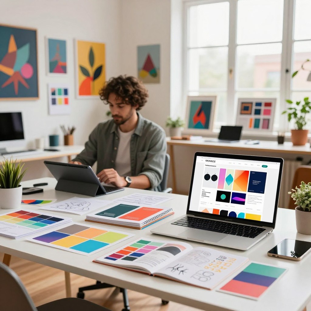 A vibrant and dynamic workspace showcasing a curated collection of innovative graphic design templates. In the foreground, a sleek, modern desk adorned with design materials such as colorful swatches, sketchbooks, and a laptop displaying an impressive mockup. In the middle ground, an artist with professional attire is intently working on a digital tablet, surrounded by various design boards showcasing different styles. The background features a well-lit studio with inspiring artwork on the walls, big windows letting in natural light, and plants adding a touch of life. The atmosphere is creative and invigorating, emphasizing efficiency and inspiration in graphic design. Use bright yet balanced colors and a warm, inviting lighting to enhance the mood.