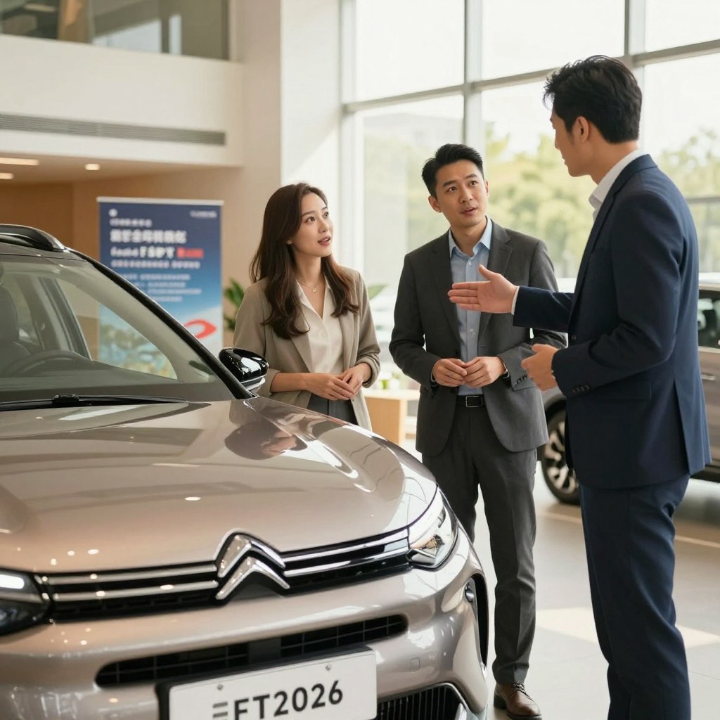 A vibrant and modern showroom featuring the sleek Citroën F 2026 model prominently displayed in the foreground. The vehicle boasts a polished finish with striking lines and futuristic features, emphasizing its innovative design. In the middle ground, a professional sales consultant in smart business attire gestures towards the car while engaging with a couple who appear excited and inquisitive. Warm, natural lighting pours in from large windows, creating an inviting atmosphere. The background features elegant, minimalist decor with promotional banners highlighting the latest deals and offers, enhancing the sense of a welcoming space. The overall mood is enthusiastic and informative, showcasing the appeal of the Citroën F 2026 promotions. The perspective is slightly angled to capture both the car and the interaction effectively.