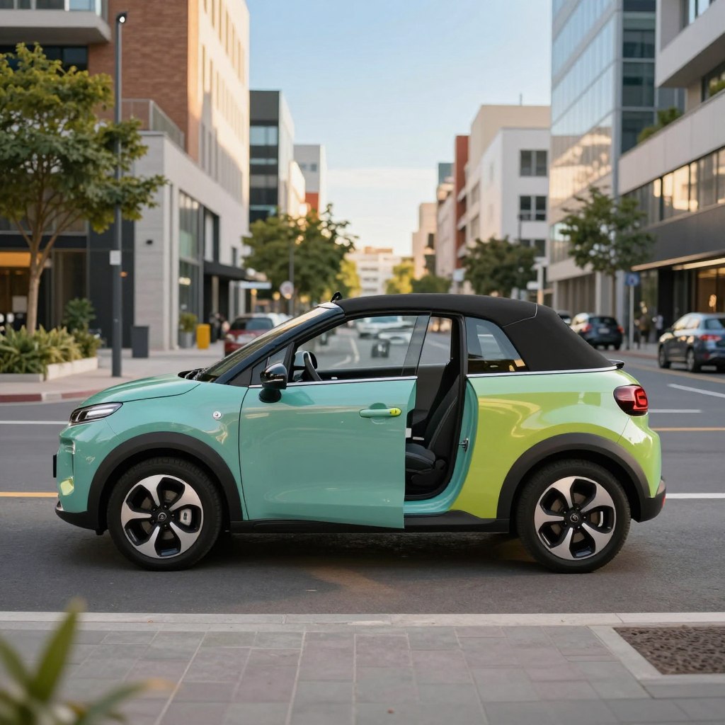 A vibrant and stylish Citroën C3 Pluriel parked in a modern urban setting, showcasing its unique design with a convertible roof and distinctive rounded body shape. In the foreground, the car gleams under soft afternoon sunlight, highlighting its sleek lines and eye-catching color. The side view captures the playful and versatile nature of the vehicle, with doors open to symbolize its adaptable use. In the middle ground, a bustling city street with contemporary architecture and green spaces adds depth, while in the background, a clear blue sky enhances the cheerful atmosphere. The composition emphasizes the car's modernity and appeal, inviting viewers to appreciate its design. Use a wide-angle lens to capture the entire scene, creating an engaging and dynamic visual experience.