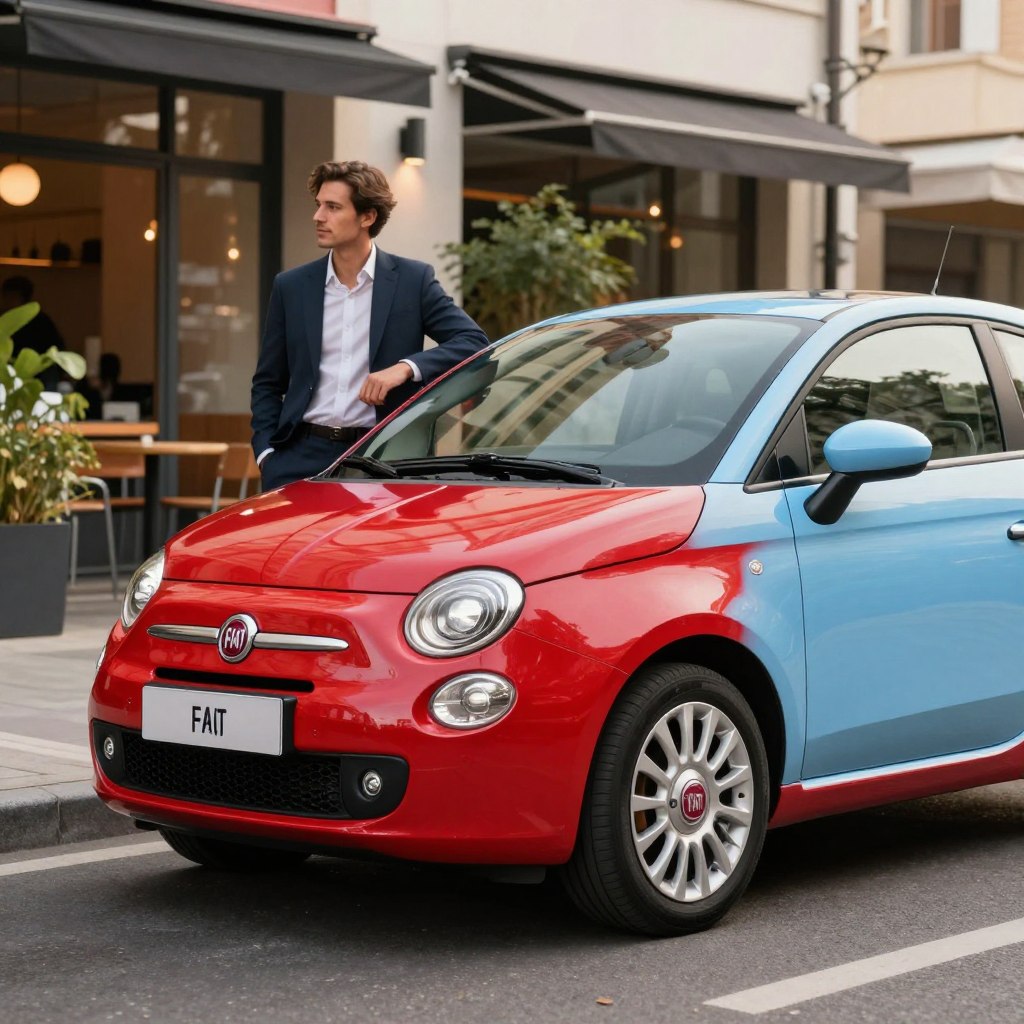 A vibrant and stylish Fiat 500 in a leasing context, parked in a modern urban setting. In the foreground, the sleek lines of the Fiat 500 are highlighted, showcasing its iconic Italian design and vivid color, like a rich red or classic pastel blue. In the middle ground, a well-dressed professional casually admires the car, wearing smart attire that suggests confidence and elegance. The background is a lively cityscape with trendy cafes and greenery, under soft, warm lighting that suggests an inviting afternoon. The perspective is slightly low to capture the dynamic profile of the car, and the mood is upbeat and positive, reflecting the joy and convenience of owning a Fiat 500.