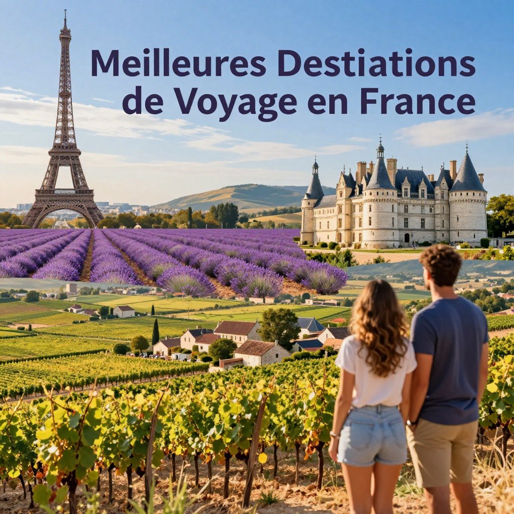 A vibrant collage illustrating "Meilleures Destinations de Voyage en France," showcasing iconic landmarks like the Eiffel Tower in Paris, the lavender fields of Provence, and the historic castles of the Loire Valley. In the foreground, a couple in modest casual attire is admiring the landscape, adding a human touch to the scene. The middle layer features picturesque vineyards and quaint villages, flowing seamlessly into the background of rolling hills and a bright blue sky. Use warm, golden hour lighting to create a welcoming atmosphere, while capturing the essence of travel and exploration. The angle should be slightly elevated to encompass the vastness of the French countryside, inviting viewers to dream of their next adventure.