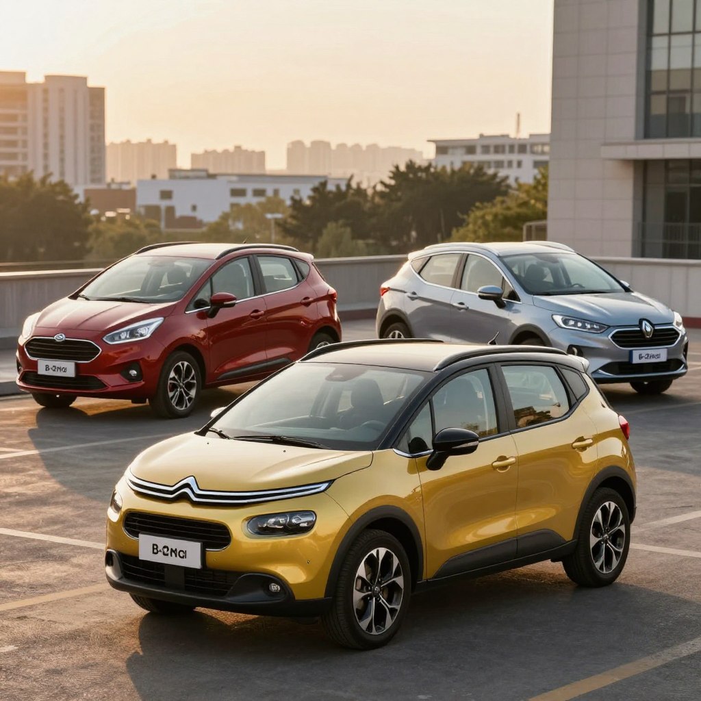 A vibrant comparison scene featuring the Citroën C3 Picasso prominently in the foreground, showcasing its unique design and family-friendly features. Next to it, sleek rival models like the Ford B-MAX and Renault Captur are positioned to highlight contrasts in styling and size. The backdrop includes a picturesque urban setting with soft lighting during golden hour to create a warm and inviting atmosphere. Use a slightly elevated camera angle to capture the full profile of each vehicle, emphasizing their shapes and details. The scene should convey a sense of exploration and competition in the compact SUV market, with a focus on family appeal and modern design aesthetics.