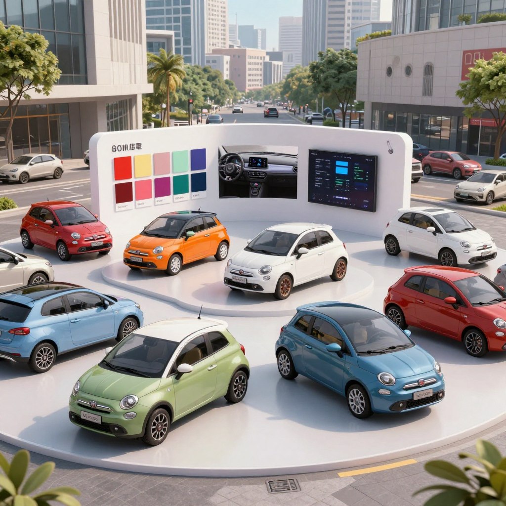 A vibrant display featuring various customizable options for Fiat city cars, positioned in a stylish urban environment. In the foreground, an array of colorful Fiat models showcases different body colors, wheel designs, and accessory options, each uniquely equipped with sleek features. In the middle ground, a stylish configuration area reflects customization elements like paint swatches, interior fabrics, and technology options, all presented in an inviting way. The background features a bustling cityscape with modern architecture, showcasing a dynamic urban lifestyle. The lighting is bright and welcoming, with soft natural light creating a cheerful atmosphere. The angle is slightly elevated, offering a clear view of the cars and customization options, capturing the essence of modern mobility and personalization. A vibrant display featuring various customizable options for Fiat city cars, positioned in a stylish urban environment. In the foreground, an array of colorful Fiat models showcases different body colors, wheel designs, and accessory options, each uniquely equipped with sleek features. In the middle ground, a stylish configuration area reflects customization elements like paint swatches, interior fabrics, and technology options, all presented in an inviting way. The background features a bustling cityscape with modern architecture, showcasing a dynamic urban lifestyle. The lighting is bright and welcoming, with soft natural light creating a cheerful atmosphere. The angle is slightly elevated, offering a clear view of the cars and customization options, capturing the essence of modern mobility and personalization.