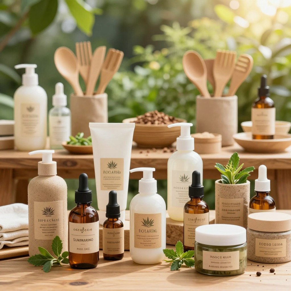 A vibrant display of ecological products showcasing a diverse array of sustainable items. In the foreground, a beautifully arranged selection of organic skincare bottles made from recycled materials, adorned with natural labels and fresh herbs. In the middle ground, a wooden table featuring artisanal home goods like bamboo utensils and biodegradable kitchenware, all bathed in warm, natural lighting. In the background, a lush green garden setting, with sunlight filtering through the leaves to create a serene and inviting atmosphere. The scene captures the essence of eco-conscious living, conveying a sense of harmony with nature. Use a soft focus effect to emphasize the products while keeping the background subtly detailed.