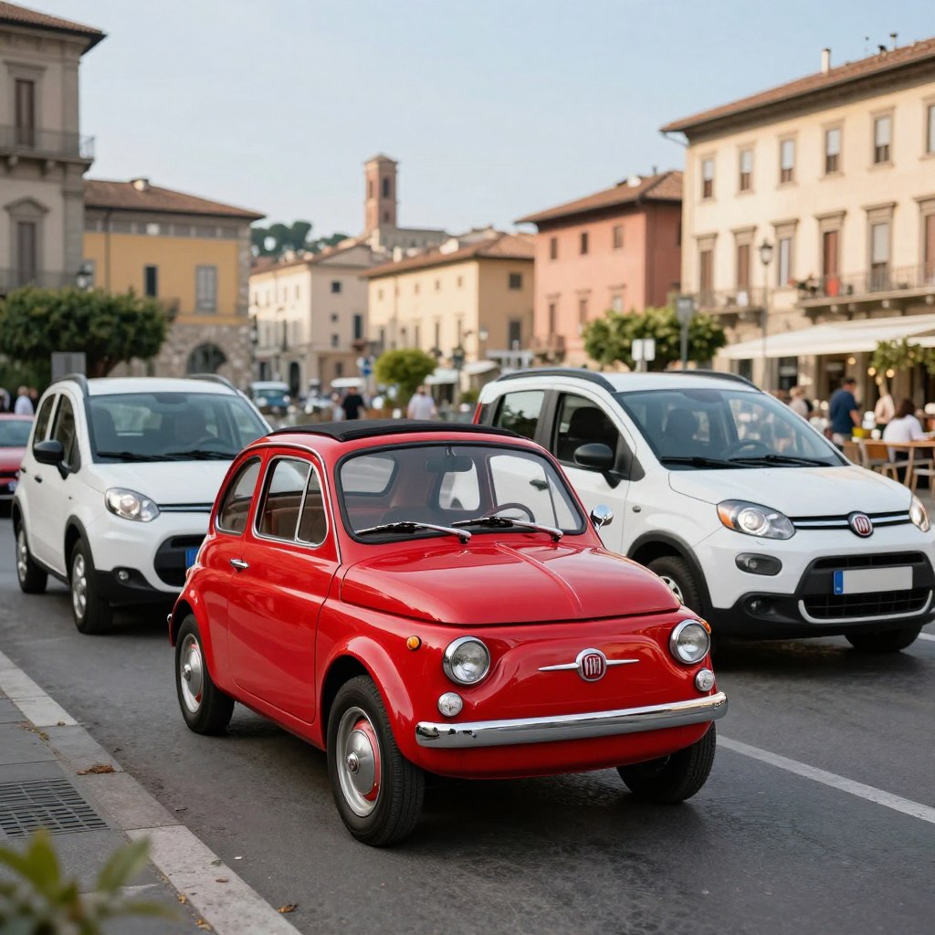 A vibrant display of iconic Fiat models set in an urban environment. In the foreground, showcase a classic Fiat 500 in a striking red color, gleaming under soft, diffused sunlight. Flanking it, a modern Fiat Panda and Fiat Tipo, reflecting contemporary design trends. In the middle ground, add a subtle blur of city life, with greenery and cafes hinting at a lively atmosphere. The background should feature a picturesque Italian cityscape with historical architecture and a clear blue sky. Use a wide-angle lens perspective to capture the scene, emphasizing the charm of these vehicles. The overall mood is nostalgic yet energetic, celebrating Fiat's rich automotive heritage.