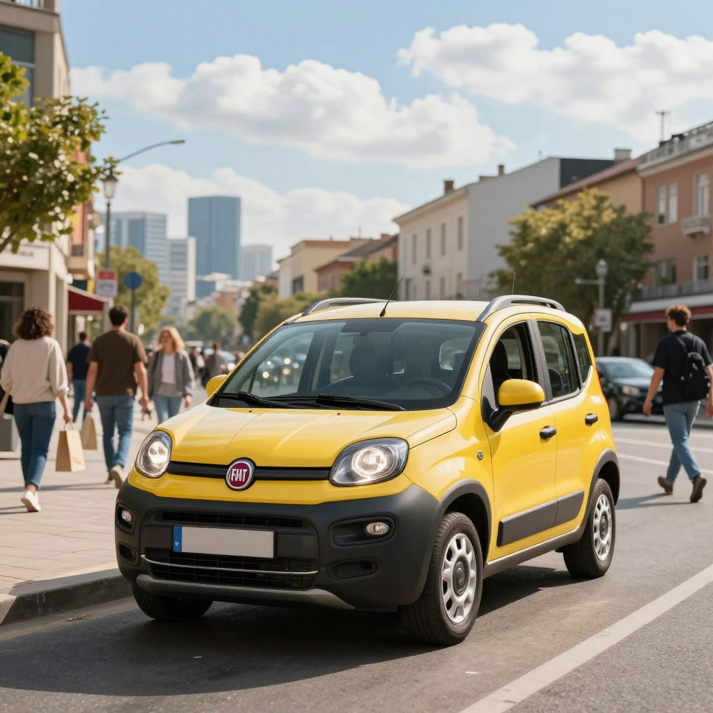 A vibrant exterior view of a Fiat Panda parked in a picturesque urban environment. In the foreground, focus on the compact design and distinctive shape of the car, showcasing its iconic round headlights and bold grille. The middle ground features a bustling city street with pedestrians casually walking by, some with shopping bags, dressed in smart casual attire, adding life and relatability to the scene. In the background, a skyline of modern buildings under a bright blue sky with fluffy white clouds indicates a sunny day. Soft afternoon sunlight casts gentle shadows, enhancing the car’s features. The mood is lively and inviting, capturing the essence of the Fiat Panda's practicality and charm in daily urban life.