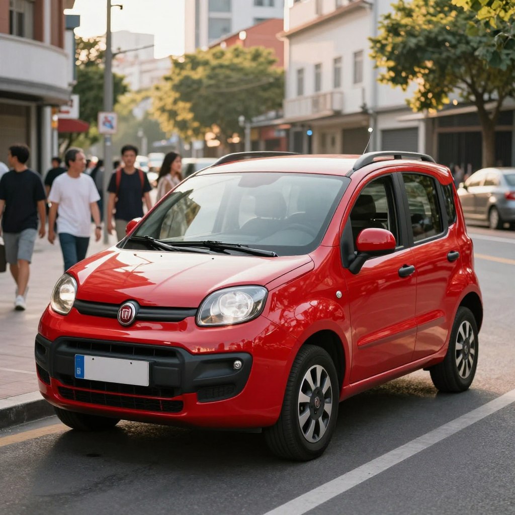 A vibrant, eye-catching Fiat Panda parked in an urban setting, positioned prominently in the foreground. The car, painted in a lively red color, exhibits its compact and practical design, showcasing the distinctive square-shaped body, large headlights, and sporty wheels. In the middle ground, show a bustling city street with pedestrians walking by, some glancing at the Fiat with admiration, reflecting its popularity. In the background, include a few modern buildings and lush greenery, hinting at a friendly neighborhood atmosphere. The scene is bathed in warm afternoon sunlight, enhancing the car’s colors and casting soft shadows. Capture this moment from a slightly elevated angle to emphasize the Fiat Panda's charm as a reliable companion for daily life. A vibrant, eye-catching Fiat Panda parked in an urban setting, positioned prominently in the foreground. The car, painted in a lively red color, exhibits its compact and practical design, showcasing the distinctive square-shaped body, large headlights, and sporty wheels. In the middle ground, show a bustling city street with pedestrians walking by, some glancing at the Fiat with admiration, reflecting its popularity. In the background, include a few modern buildings and lush greenery, hinting at a friendly neighborhood atmosphere. The scene is bathed in warm afternoon sunlight, enhancing the car’s colors and casting soft shadows. Capture this moment from a slightly elevated angle to emphasize the Fiat Panda's charm as a reliable companion for daily life.