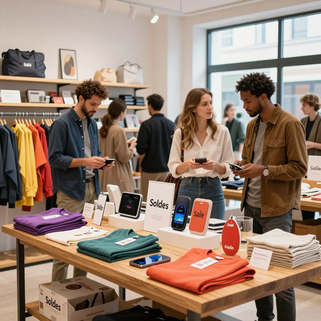 A vibrant, eye-catching display of "Soldes" showcased in a stylish retail setting. In the foreground, a polished wooden table adorned with beautifully arranged products like colorful clothing, attractive gadgets, and household items, all marked with festive sale tags. In the middle, shoppers with diverse appearances, dressed in professional casual wear, are actively engaging with the products, examining prices, and discussing options, creating a dynamic shopping atmosphere. The background features a bright, modern store with sleek shelving and warm lighting that highlights the products effectively. Soft, natural light streams in from large windows, instilling a sense of excitement and opportunity. The overall mood is energetic and optimistic, conveying the theme of saving money while shopping.