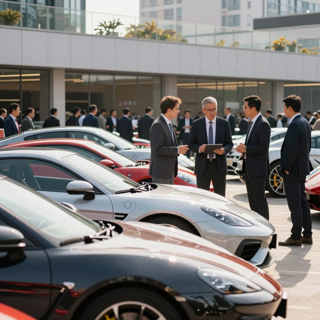 A vibrant luxury car market scene set in a bustling urban environment. In the foreground, showcase a lineup of high-end cars, including sleek sports cars and elegant sedans, with shiny surfaces reflecting light. Format the middle ground with well-dressed professionals discussing offers, dressed in tailored suits and chic business attire, exuding an air of sophistication and success. In the background, depict a modern luxury car dealership, featuring large glass windows and a stylish rooftop, under afternoon sunlight casting natural shadows. Use a shallow depth of field to focus on the cars and people while slightly blurring the dealership behind. The atmosphere should convey an upscale, energetic vibe, highlighting the growth potential of the luxury car market in emerging regions.
