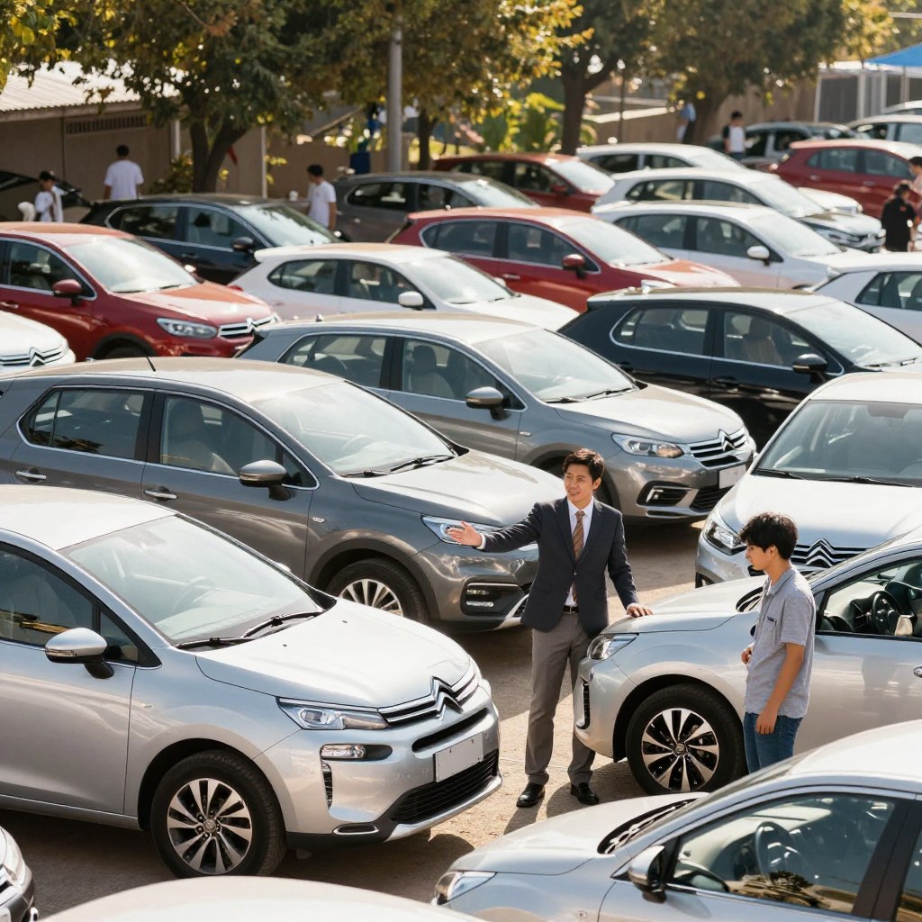 A vibrant outdoor scene at a used car market, showcasing a variety of pre-owned Citroën vehicles prominently on display. In the foreground, a friendly sales representative in professional attire gestures toward a sleek Citroën model, engaging with a young couple inspecting another vehicle. The middle ground features rows of diverse Citroën cars, from classic to modern variants, in various colors parked neatly. In the background, tall trees provide shade, while sunlight filters through, creating a warm and inviting atmosphere. The overall mood is dynamic and hopeful, reflecting current trends in the used car market. The perspective is slightly elevated, capturing both the bustling activity of shoppers and the appeal of the vehicles on offer.