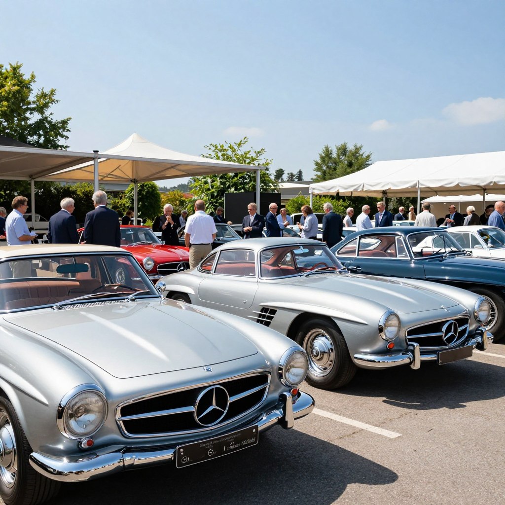 A vibrant outdoor scene at the "Marché des Mercedes de collection," featuring a variety of classic Mercedes-Benz vehicles from the 1950s to 1980s, gleaming under the bright afternoon sun. In the foreground, a meticulously restored 280SL and a striking 300SL Gullwing are parked side by side, showcasing their elegant lines and chrome accents. The middle ground showcases an array of vintage Mercedes cars, with enthusiastic collectors and admirers casually dressed in professional attire discussing their shared passion. In the background, elegant canopies provide shade, while lush greenery and a clear blue sky enhance the inviting atmosphere. The image captures a sense of nostalgia and appreciation for classic automotive history, highlighting both the beauty and community surrounding these iconic vehicles. The scene is well-lit, emphasizing the shine of the cars, with a slightly low-angle perspective to enhance their grandeur.