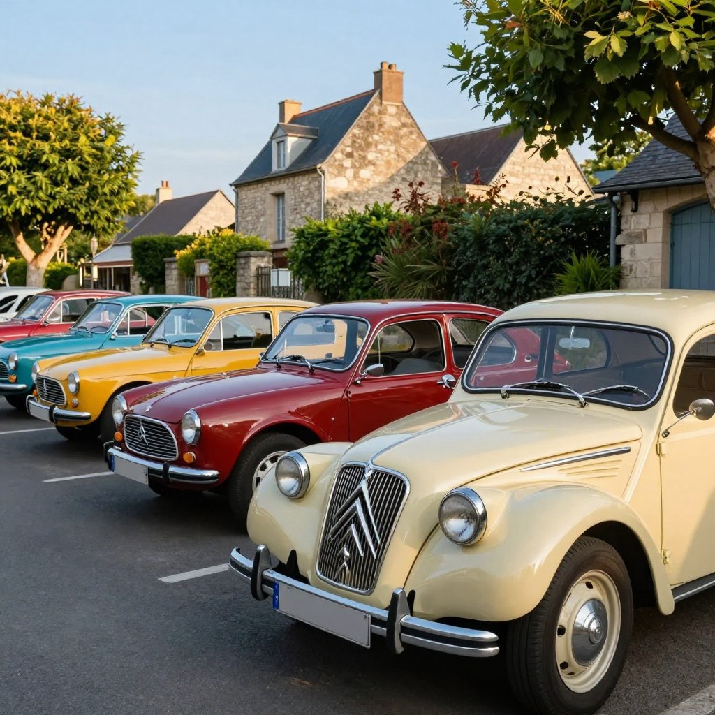 A vibrant outdoor scene in France featuring a variety of used Citroën vehicles, parked neatly along a picturesque street. In the foreground, showcase a classic Citroën model, polished and gleaming under the soft afternoon sunlight, highlighting its unique features like the distinctive front grille and rounded headlights. In the middle, include several other Citroën cars of different colors and models, reflecting a sense of charm and nostalgia. In the background, depict a quaint French village with traditional stone buildings, lush greenery, and a clear blue sky to create an inviting atmosphere. Capture the scene from a slightly elevated angle to provide depth and perspective, ensuring the lighting enhances the bright colors of the vehicles. The mood is optimistic and warm, celebrating the appeal of used cars in France.
