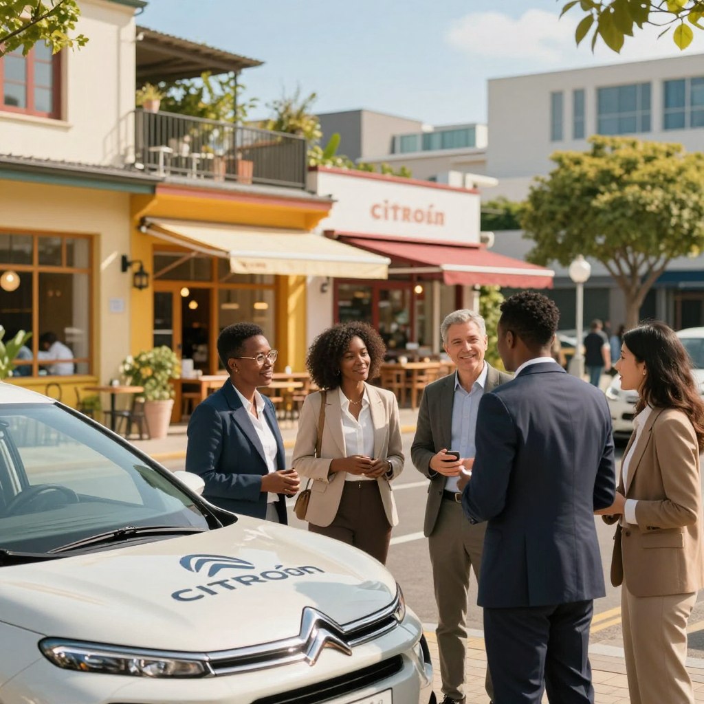 A vibrant scene showcasing Citroën's collaboration with local businesses in a contemporary urban setting. In the foreground, a professionally dressed team of diverse businesspeople, including a woman and a man of various ethnicities, collaborate enthusiastically beside a sleek Citroën vehicle adorned with local branding. In the middle ground, charming local shops and cafés reflect a sense of community, with colorful storefronts and greenery. The background includes soft-focus cityscape elements like modern buildings and trees under a clear blue sky, conveying a sunny day. Use warm lighting to create an inviting atmosphere, complemented by a slight bokeh effect on the background. Capture the scene from a slightly elevated angle to emphasize the partnership and local engagement theme.