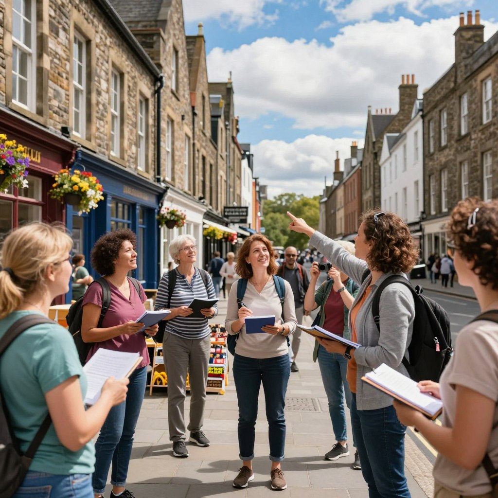 A vibrant scene showcasing a popular tour guide leading a small group of diverse tourists through a bustling city street filled with historic architecture. In the foreground, the tour guide, a middle-aged woman dressed in smart casual attire, enthusiastically points to a nearby landmark while holding a guidebook. The tourists, a mix of ages and ethnicities, are engaged and taking notes or snapping photos. In the middle ground, charming old buildings line the street, adorned with hanging flower baskets, and street vendors selling local crafts. The background features a deep blue sky dotted with fluffy white clouds, creating a bright, inviting atmosphere. Soft sunlight bathes the scene in a warm glow, emphasizing the joy of exploration and learning. The image should convey a sense of adventure and community, ideal for capturing the spirit of popular guides.